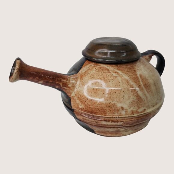 Handmade Other - Handmade Studio Art Pottery Teapot Stoneware Glazed Signed Long Handle Brown 9"